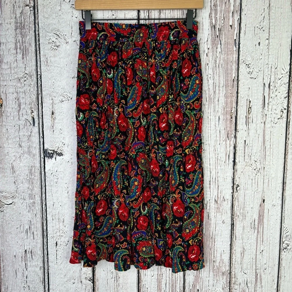 Vintage 1990s Chaus Midi Skirt Elastic Gathered‎ Waist Paisley Print Size Small